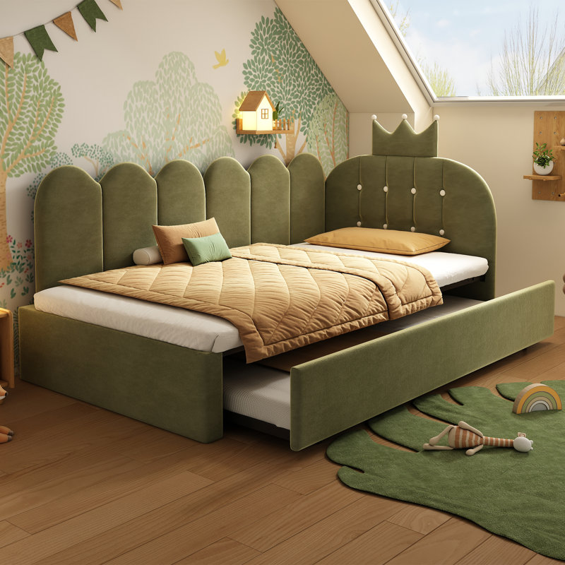 3ft Daybed With Trundle Bed Velvet Green, Green