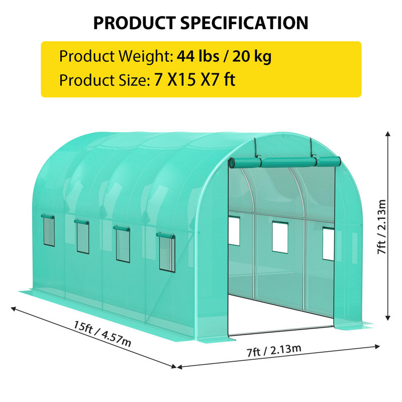 Walk-In Greenhouse With 2 Roll-Up Zipper Doors And 6 Windows, Garden Plant Hot House, 84" H x 180" W x 84" D