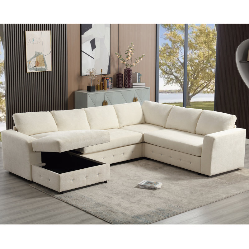 [Nouveauté] [Vidéo fournie] Canapé modulaire de 110,75 po, canapé modulaire surdimensionné, rangement pour méridienne, canapé moderne en forme de U, canapés rembourrés, chenille, bouton en cristal, salon, appartement, beige