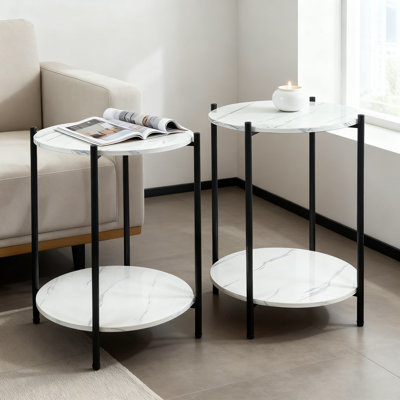 Ensemble de 2 tables d'appoint modernes avec plateau en faux marbre, table de bout compacte pour le salon, la chambre à coucher ou le bureau