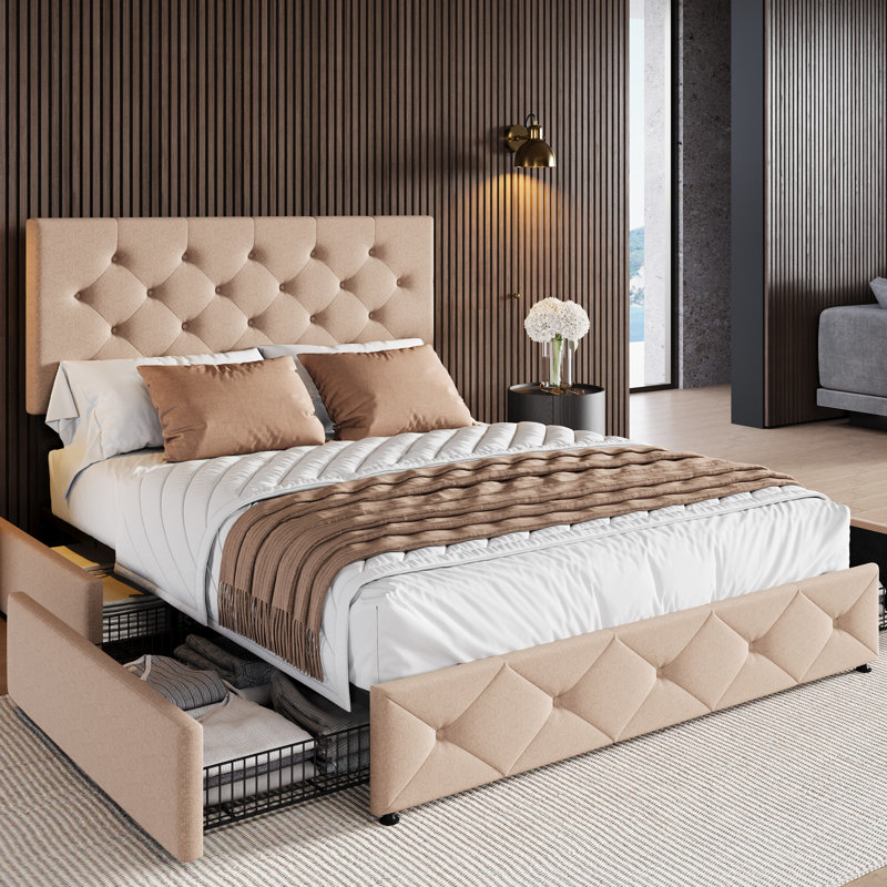 Lit plateforme tapissier avec 4 tiroirs et capitonnage élégant Zelna, Double, Beige