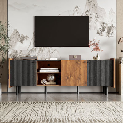Meuble télé Mid-Century avec 3 armoires, console multimédia pour téléviseur de 70 po ou moins, centre de divertissement avec rangement pour le salon, la chambre à coucher, panneau supérieur et poignée de couleur noire