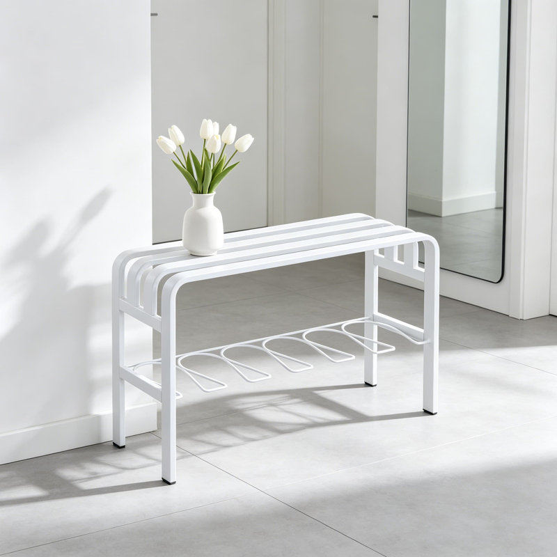 Banc à chaussures horizontal en acier, range-chaussures pour entrée, banc de rangement pour chaussures avec structure en fil incurvé, finition thermolaquée, blanc