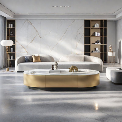 Modern oval stone slab coffee table