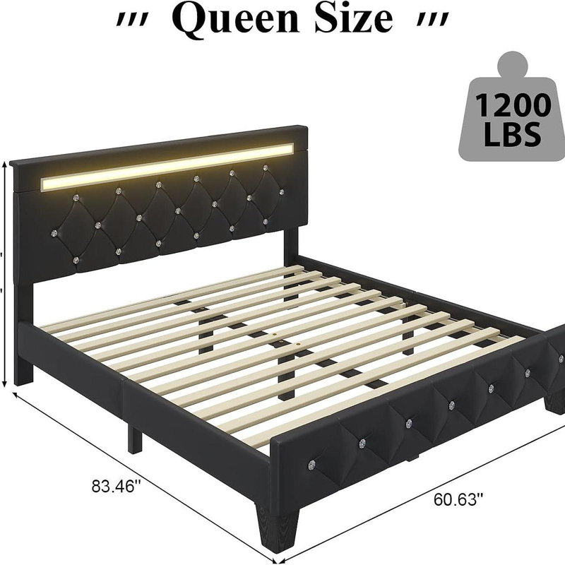 Structure de lit grand avec lumière DEL et station de charge, lit plateforme tapissier en similicuir avec tête de lit réglable en cristal fabriquée à la main, sans sommier, lattes en bois massif