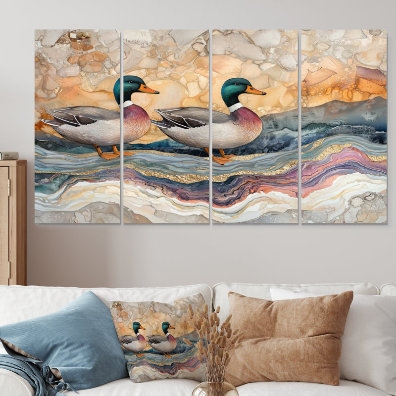 «Ducks Family At The Lake Landscape IV» - Art mural animal canard - Art mural moderne sur toile, H 32 po x l 64 po