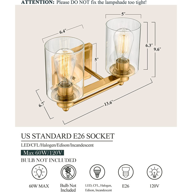 2 - Light Dimmable Vanity Light, Gold