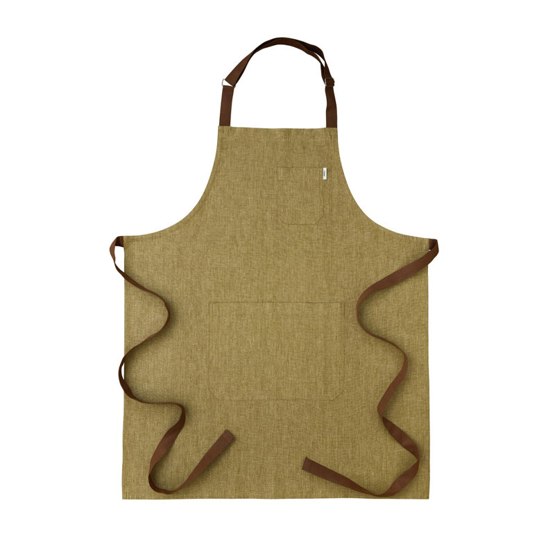 Classic Linen Bib Apron - 100% Pure Linen Apron, Olive/Brown