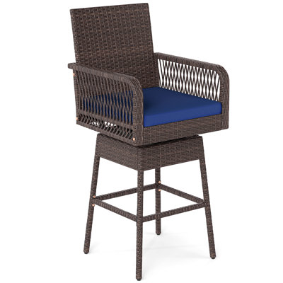 1 PCS 29" Patio 360° Swivel Bar Stool with Cross-Woven Armrests Footrest & Seat Cushion Navy