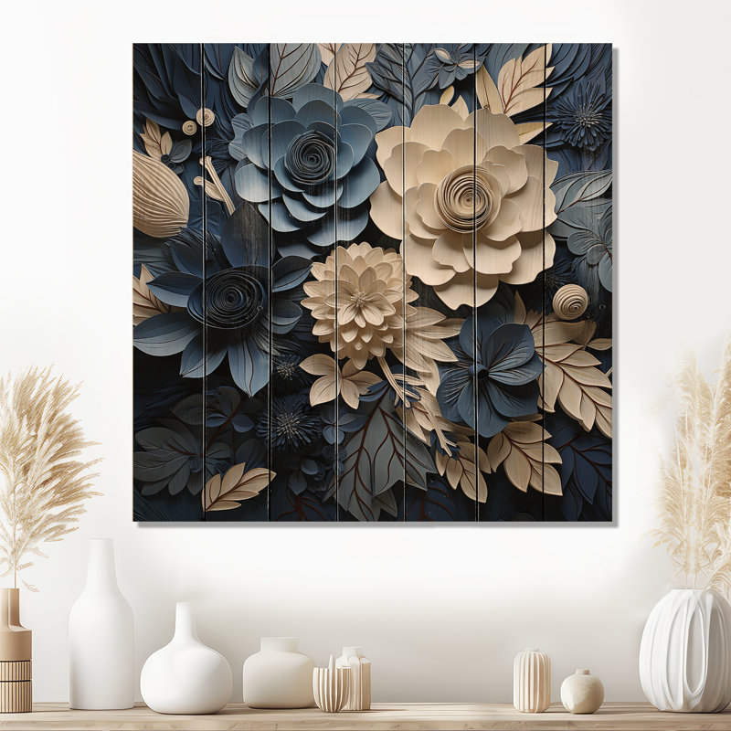 Blue Flower Crafted Delights I - Fleurs, art sur bois de pin naturel, H 15 po x l 15 po