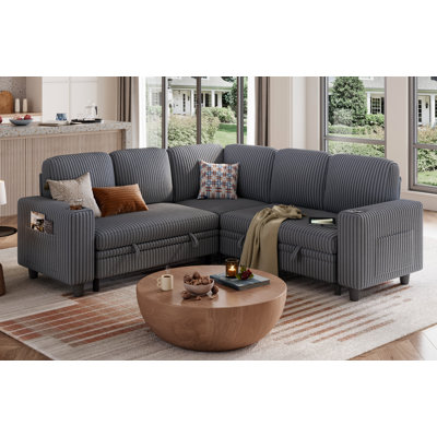Sherry 81'' Upholstered Modular Sectionals with Pull-out Sofa, Storage Chaise, USB Charging & Cup Holders