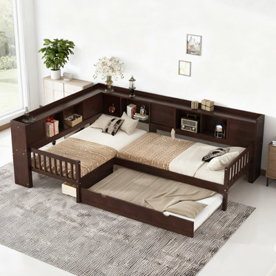 Twin L-Shaped Platform Bed with Trundle,Drawers,and Shelves,Solid Wood Corner Bed Frame