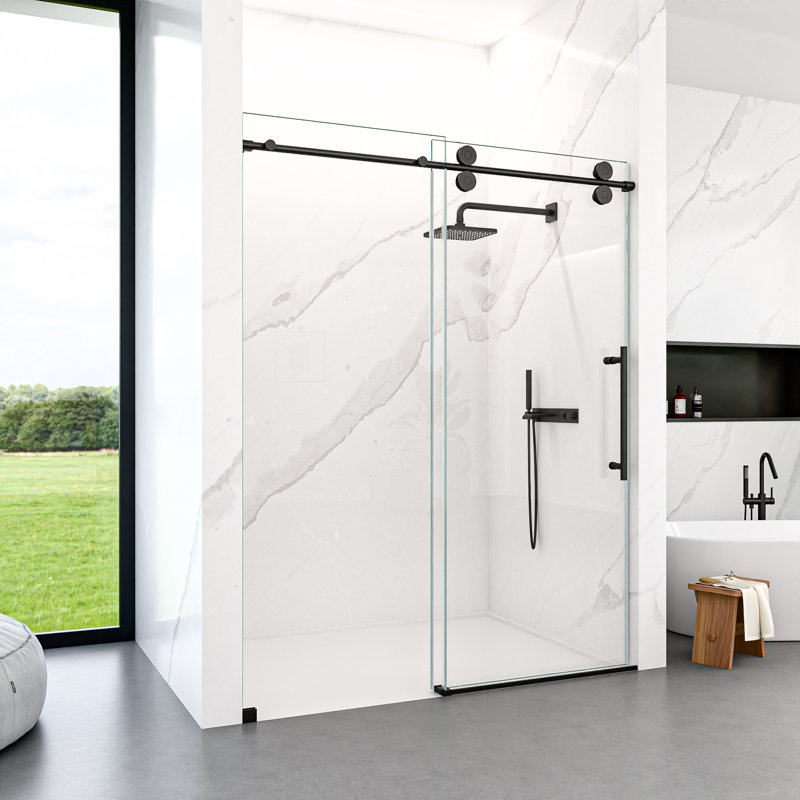 Porte de douche coulissante simple sans cadre, de 44 à 48 po de largeur, 76 po de hauteur, verre trempé transparent de 5/16 po, conception à dérivation, finition noir mat | Idée de cadeau