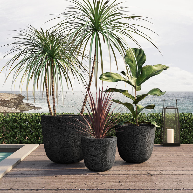 Rustic Crackle Durable MGO Outdoor Planter Set with Excellent Drainage, Black