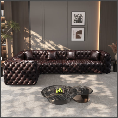 132.5" L Shaped Modern Sofa Set, Faux Leather Upholstered Modular 5-Seater Sectional Couch with Pure Handmade Button Tufted Design, 5 Pillows, Multi Combination for Living Room,Brown