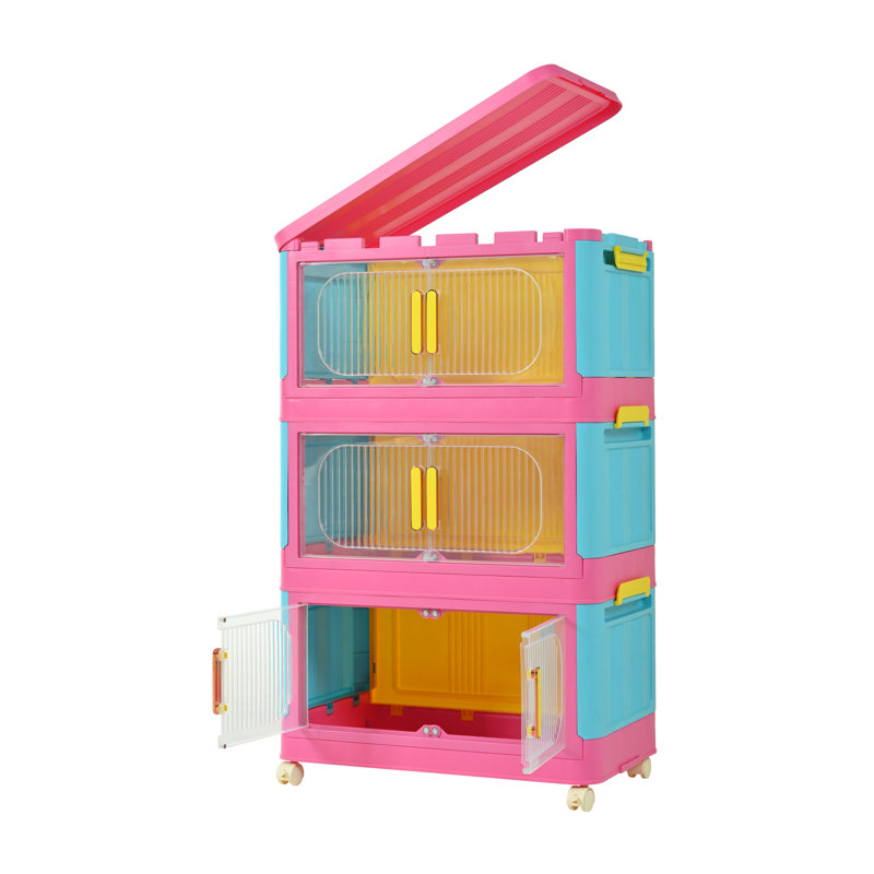 Happy Color 20" Wide Folding Storage Cabinet with 5 Tiers, Magnetic Door and Wheels - Pink & Blue Collapsible Organizer for Home, Dorm Room & Office