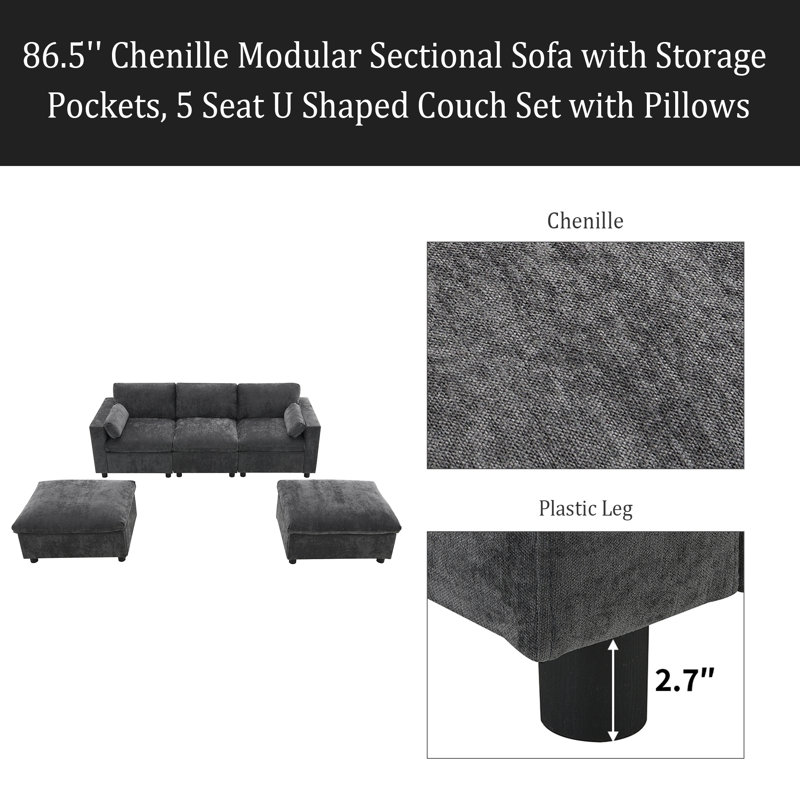 Canapé modulaire Chenille, Chenille grise foncée