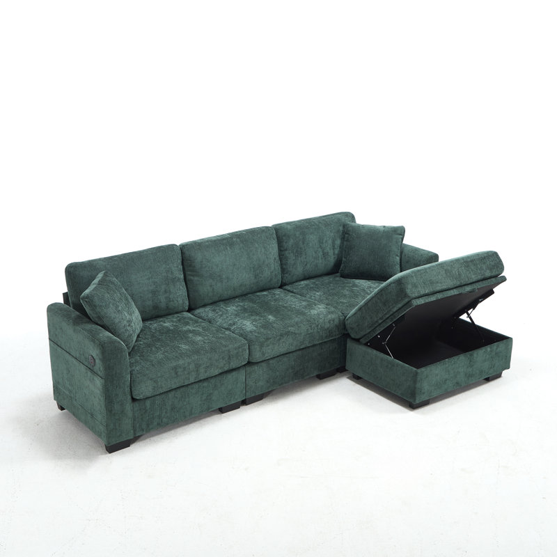 Canapé de rangement moderne avec port USB double, canapé en forme de L, canapé modulaire en chenille avec repose-pieds de rangement