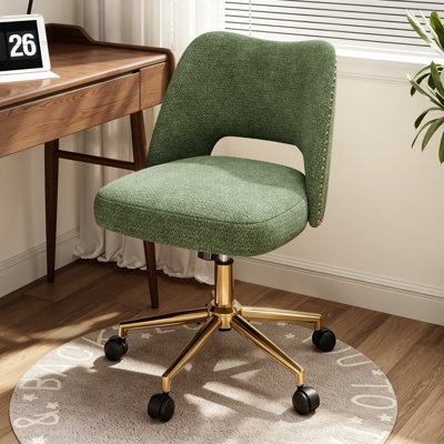 Modern Ergonomic Office Desk Chair, Adjustable Height Swivel Task Chair with Tilt & Rock Function, Linen Upholstered with Gold Nailhead Trim, Gold Base Rolling Computer Chair for Home Office