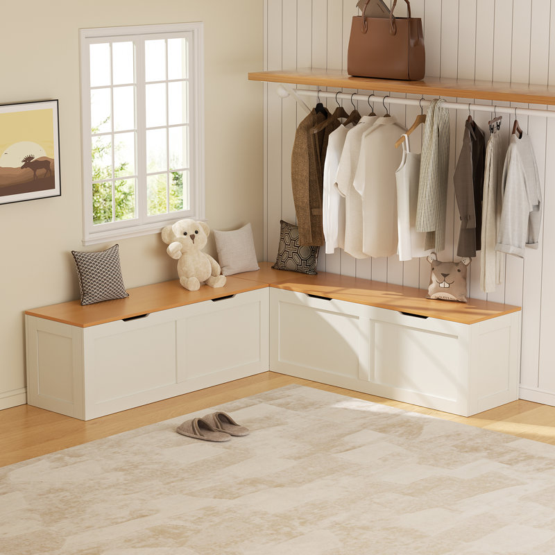 Stylish L-Shaped Storage Bench for Kitchen Breakfast Nook, White/Light Wood