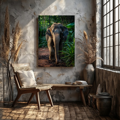 Canvas A Majestic Elephant Stands Prominently In A Lush Dense Jungle Wall Art Surrounded By Vibrant Green Foliage And Tall Tropical Canvas Wall Art