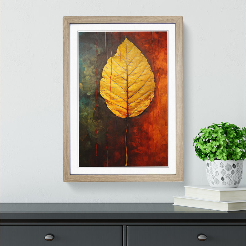 Leaf Hard Edge Painting - Single Picture Frame Print on Wood, Oak Framed, 64cm H x 46cm W