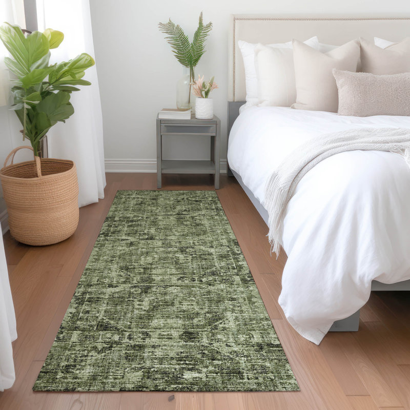 Premium Machine Washable Kelsa AMF41 Olive Rug, Runner 2'3" x 7'6"