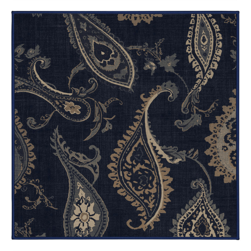 Machine Washable Peoro Traditional Paisley Rug in Gray – Navy Binding, 7' Square