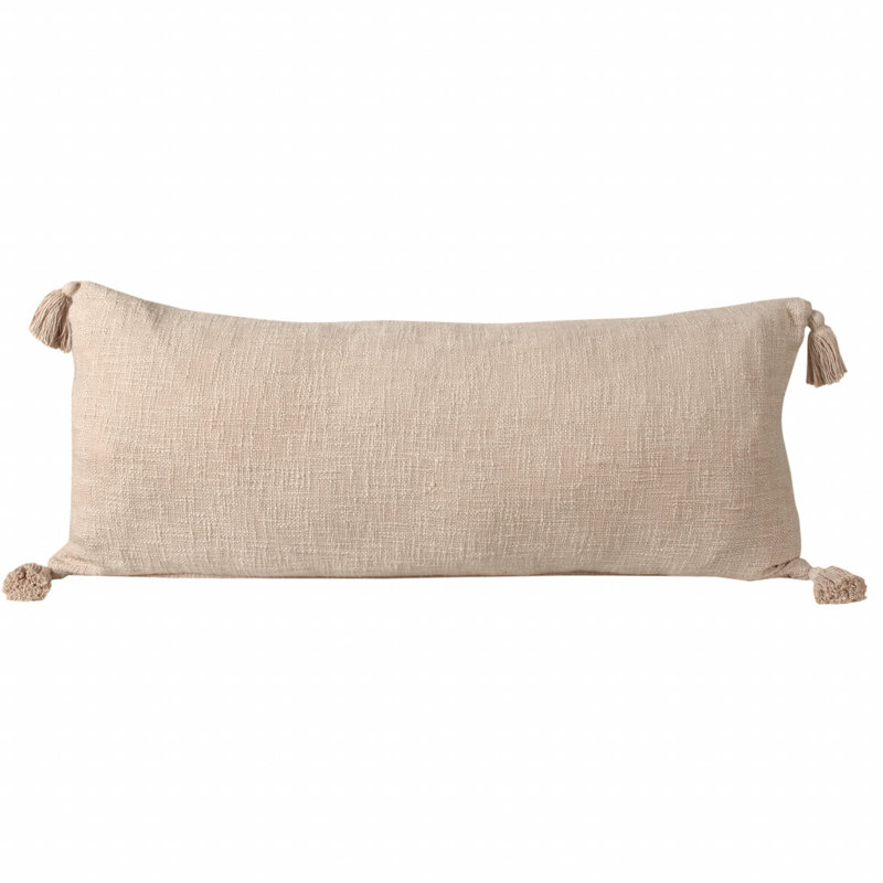 Coussin en coton 14 "x 36" beige avec pampilles