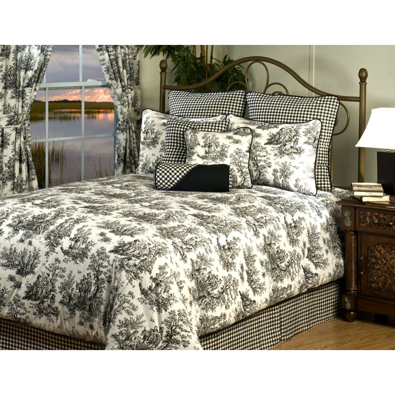 Plymouth French country Toile black and white Comforter Set, King Comforter + 2 Shams + 1 Bedskirt