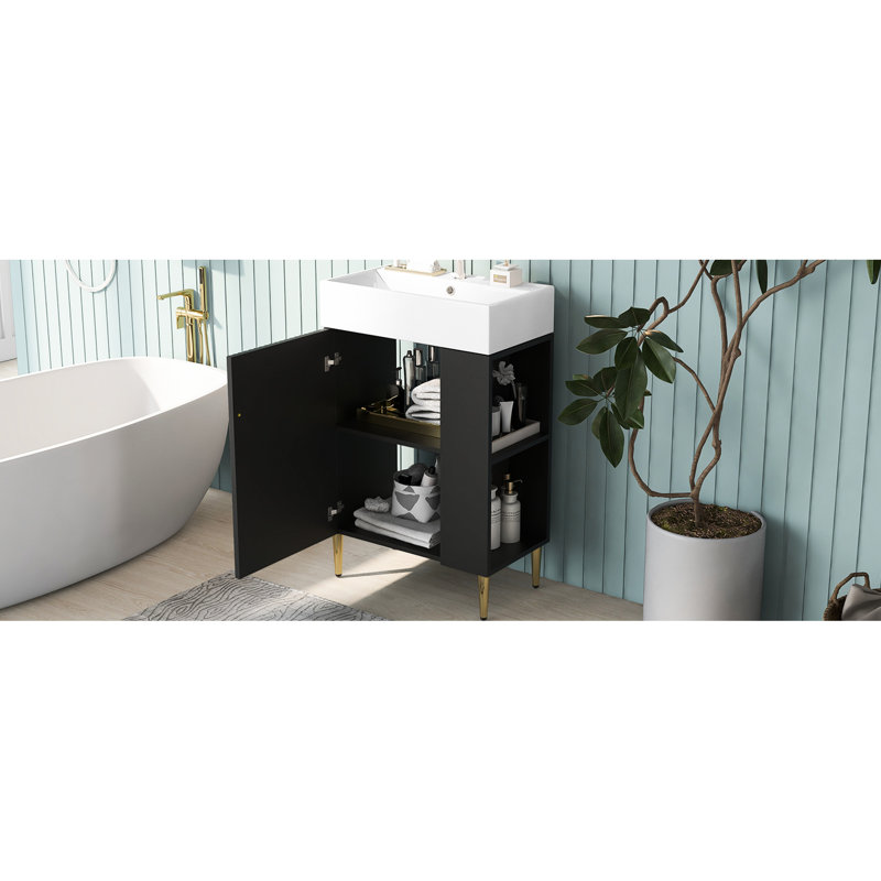 Armoire de salle de bain 21,6 po avec lavabo en céramique et rangement de meuble-lavabo noir à droite, Noir