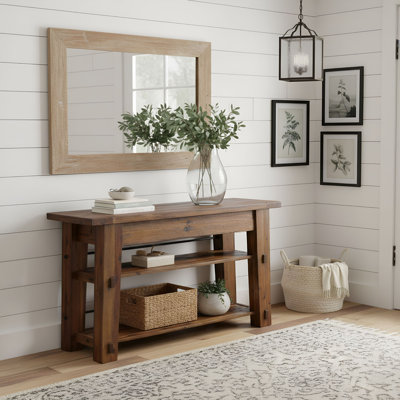 Nastya 54" Wide Industrial Rustic Solid Wood Metal Rectangular Console Media Table With 2 Shelves by Laurel Foundry Modern Farmhouse