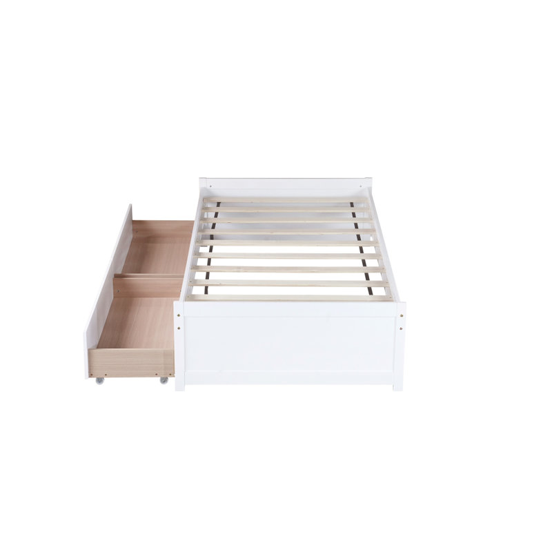 Lit simple avec 2 tiroirs, lit en bois d'hévéa massif, blanc, Blanc