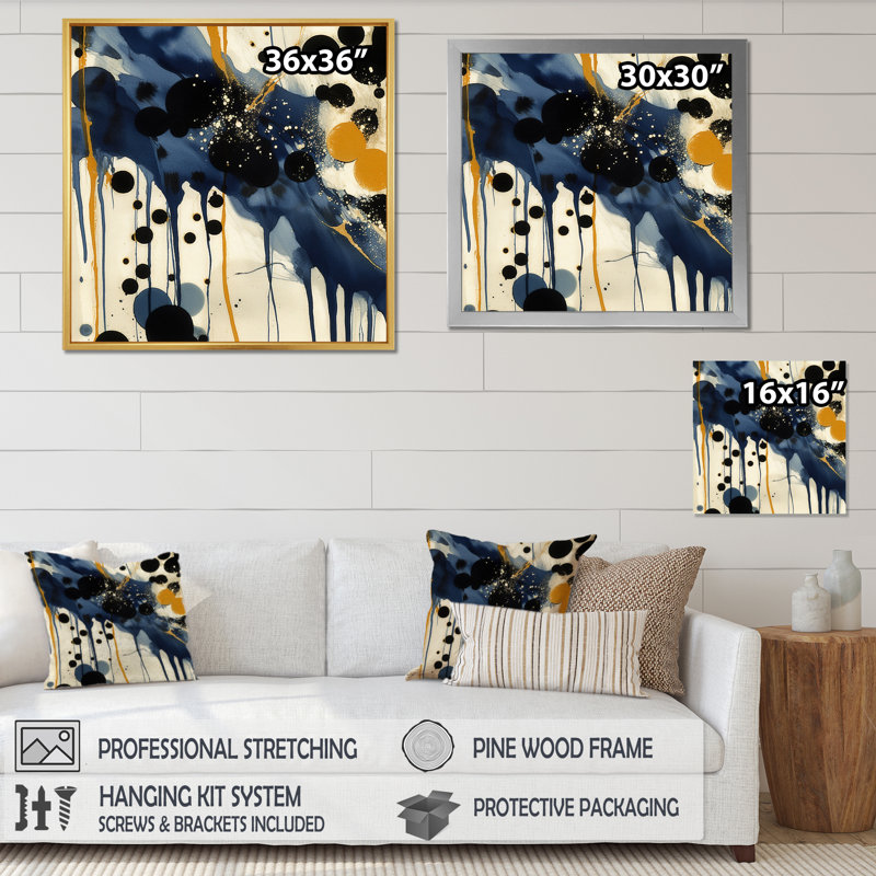 Motif abstrait avec textures bleues et dorées XV, Cadre simple noir, H 16 po x l 16 po x P 1 po