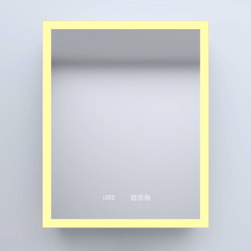 24 po L x H 30 H Armoire à pharmacie rectangulaire en aluminium argenté encastré / à fixation en surface droite avec bandes à haute densité à DEL, fonction antibuée, tablettes réglables en verre trempé, charnières silencieuses,