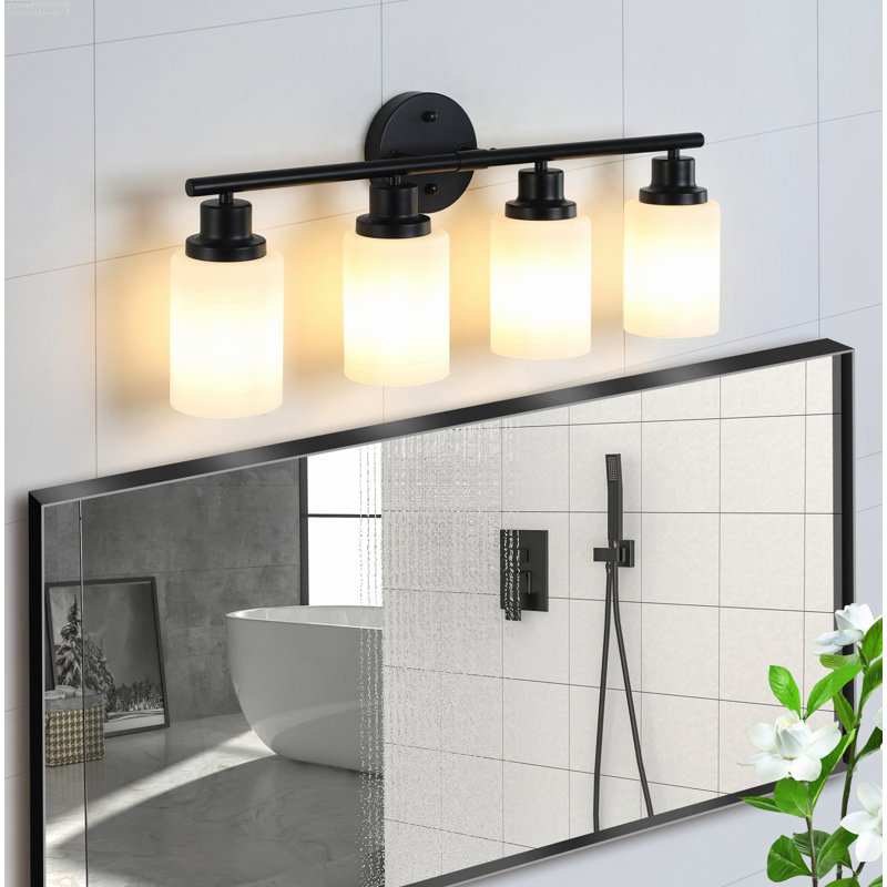 Luminaire de salle de bain moderne 4 lumières avec abat-jour en verre givré blanc laiteux noir mat, Noir mat