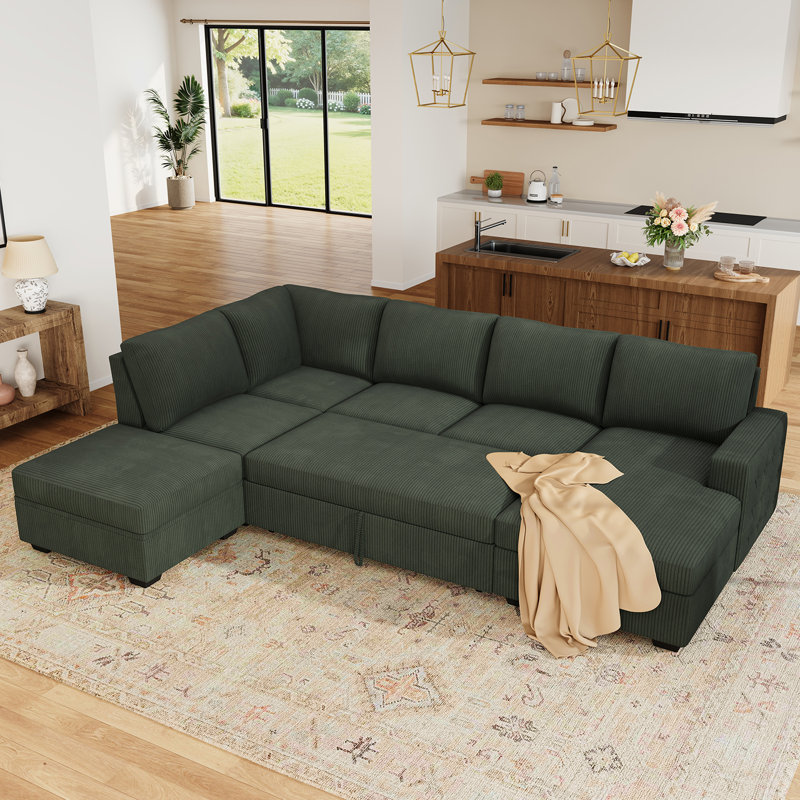 Brunella 111.4'' W Corduroy Modular Sleeper Sectional with Storage , Green Corduroy