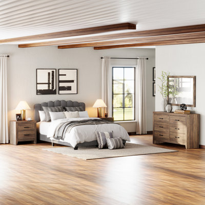4-Piece Bedroom Set: Queen Bed Frame with Headboard, 2 Nightstands, and 6-Drawer Dresser, Rustic Charm by Winston Porter
