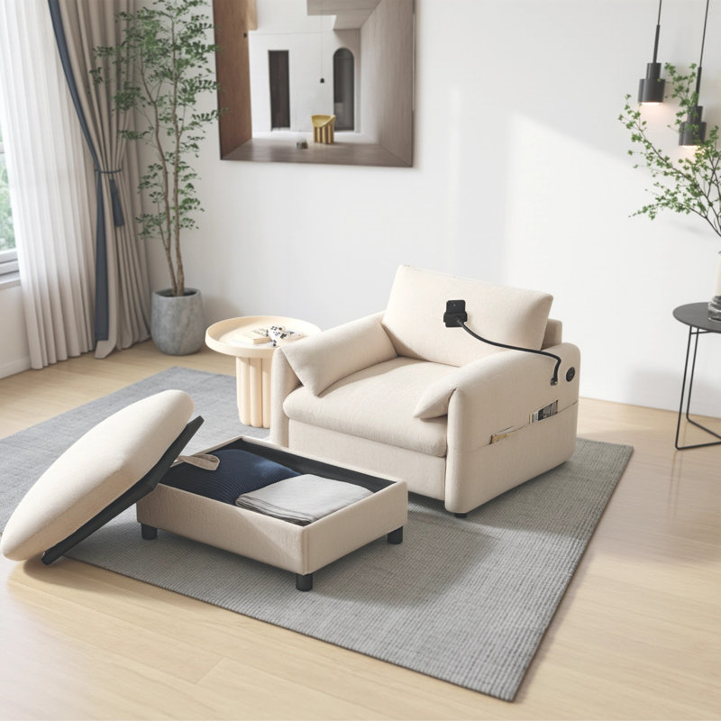 Canapé simple avec repose-pieds 56,5 po Chenille, Beige