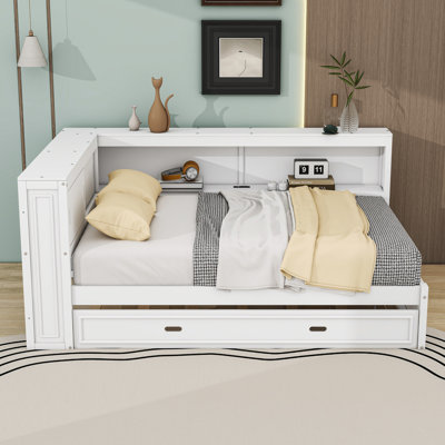 Full Wood Daybed with Trundle, Storage Shelves, USB Ports and LED Lighting