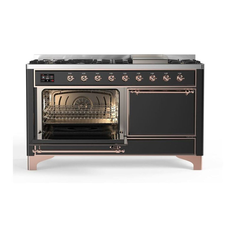 ILVE UM15FDQNS3BKCLP Majestic II 60 inch Dual Fuel Range with 9 Burners, Griddle (Liquid Propane, Solid Door, Glossy Black, Chrome)