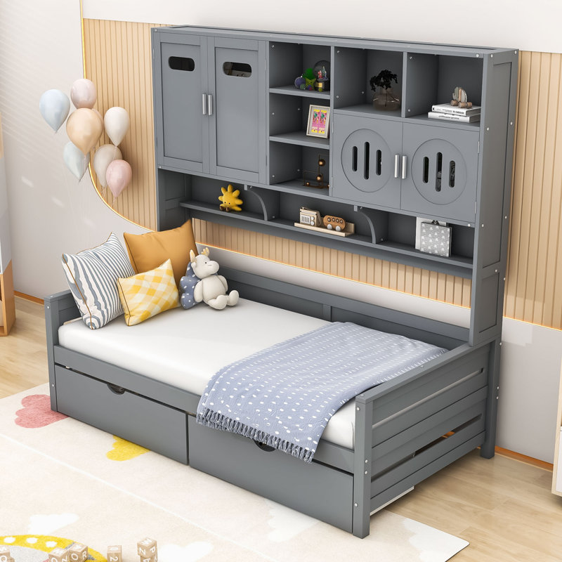 Wooden Daybed With Two Drawers, Cabinet and Shelf, Gray, Twin