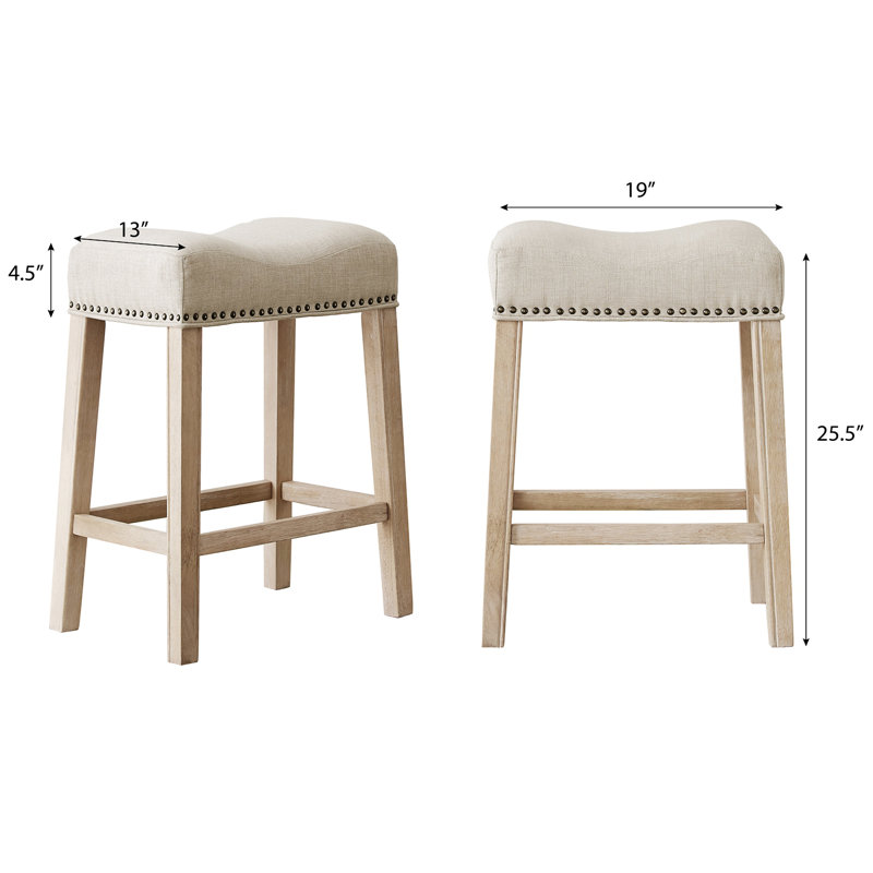 Set Of 2 Upholstered Backless Counter Stools, Contemporary Saddle Design Chairs, Tan