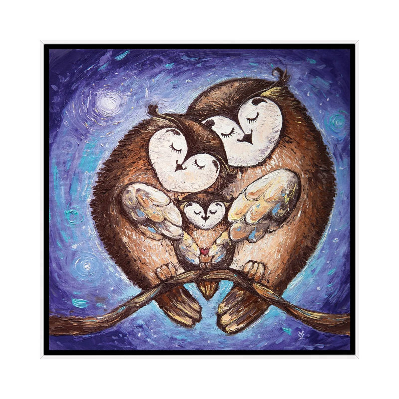 Owl Family 1 Piece Painting on Canvas, 45.72 cm H x 45.72 cm W, White Framed