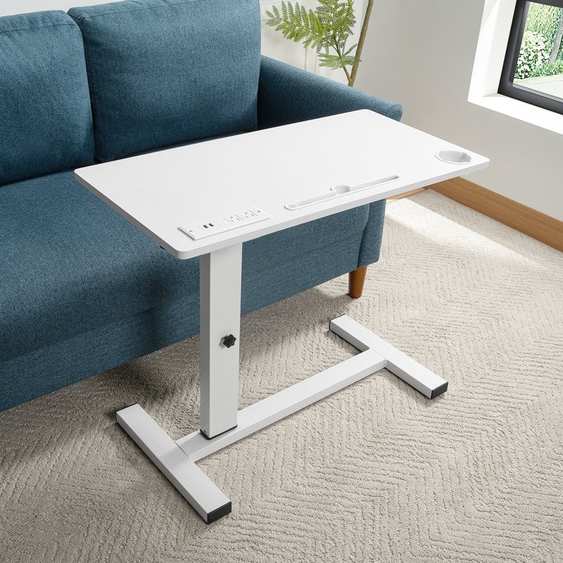 Adjustable Overbed Table with Wheels, Rolling Bedside Table, Portable Standing Cart & Laptop Desk for Bed, Recliner, Couch & Wheelchair, Hidden Casters, USB & C-Type Ports, Cup Holder