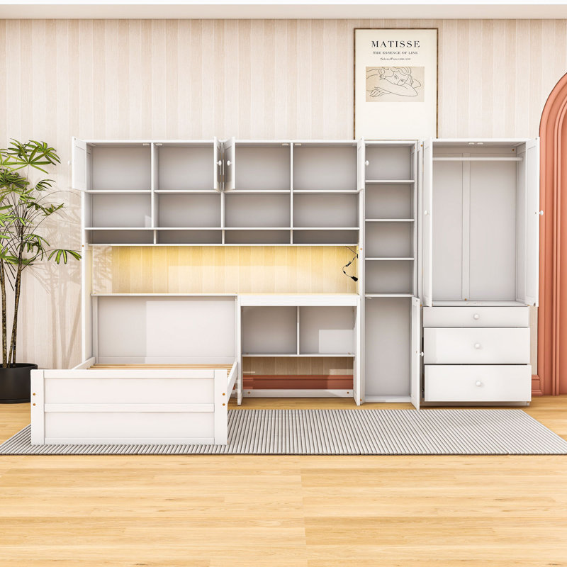 Lit plateforme simple avec bureau intégré, éclairage à DEL et grand espace de rangement, Blanc