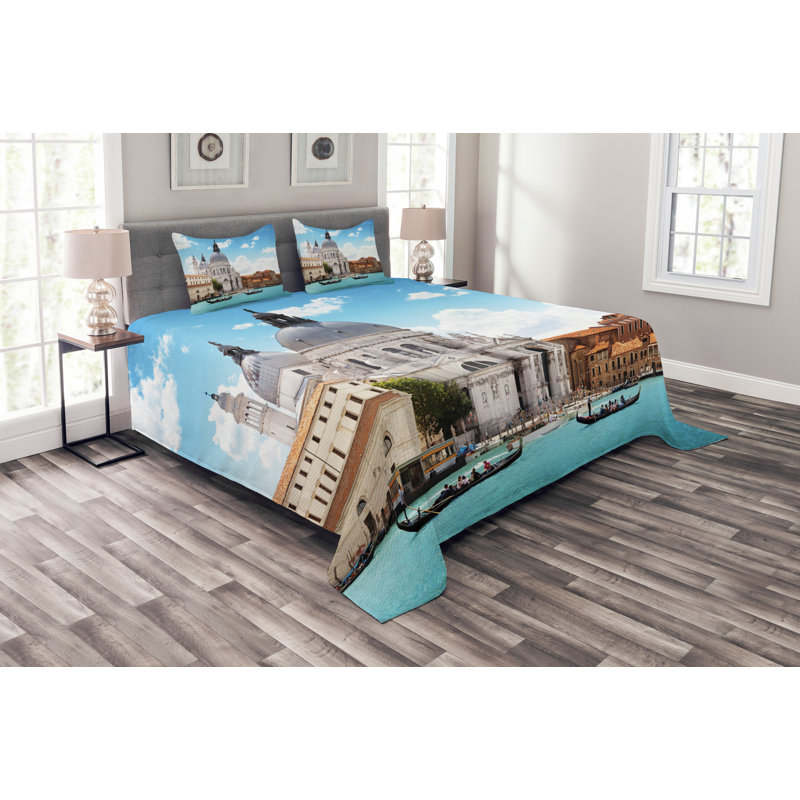 White/Blue/Grey 100% Microfibre Bedspread, 220 x 264 cm