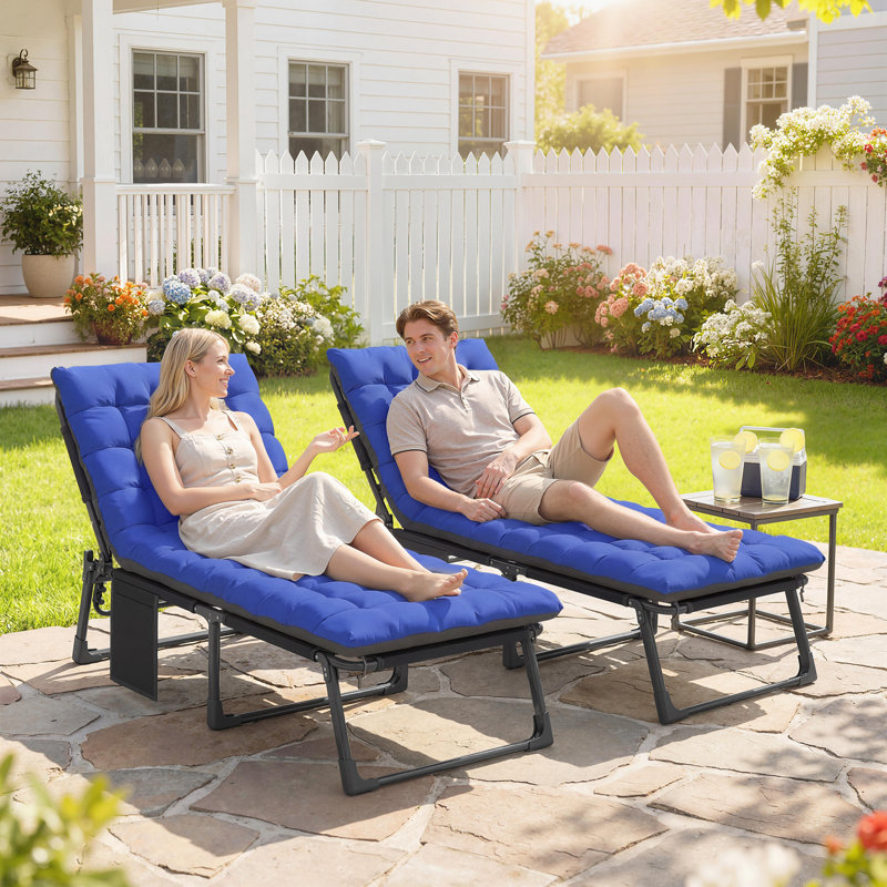 Folding Chaise Lounge Chair Outdoor Tanning Chair Set Of 2 With 5-Position Backrest, Cushions, Side Pocket, Blue, Blue, 2