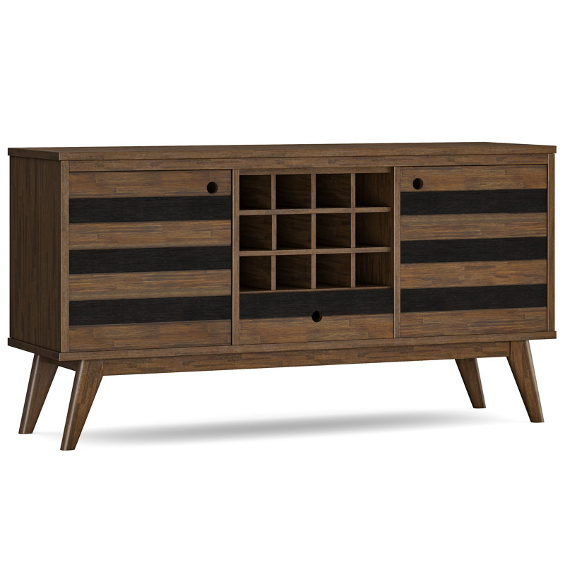 Clarkson 60"W Solid Acacia Wood Mid-Century 3-Door Sideboard Buffet with Wine Storage and Open Shelf