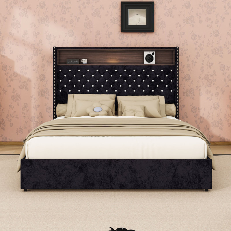 Lit plateforme en velours avec tête de lit capitonnée en cristal, ports USB et veilleuse, Grand lit, Noir, noir, noir, noir